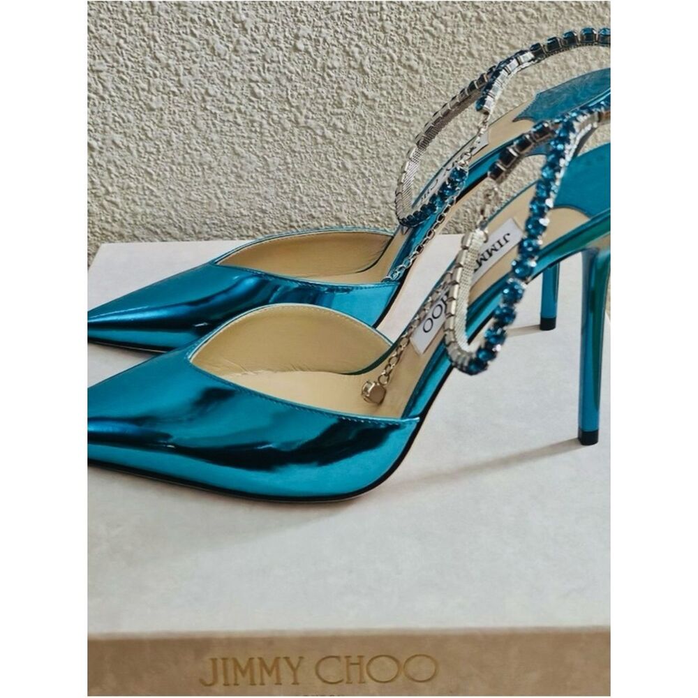 Jimmy Choo Saeda Crystal Ankle Strap Stilettos in Malibu Mix Authentic